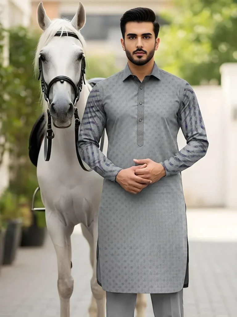 Premium Cotton Grey Self-Print Unstitched Suit for Men – All Season Elegant Formal Wear in Pakistan