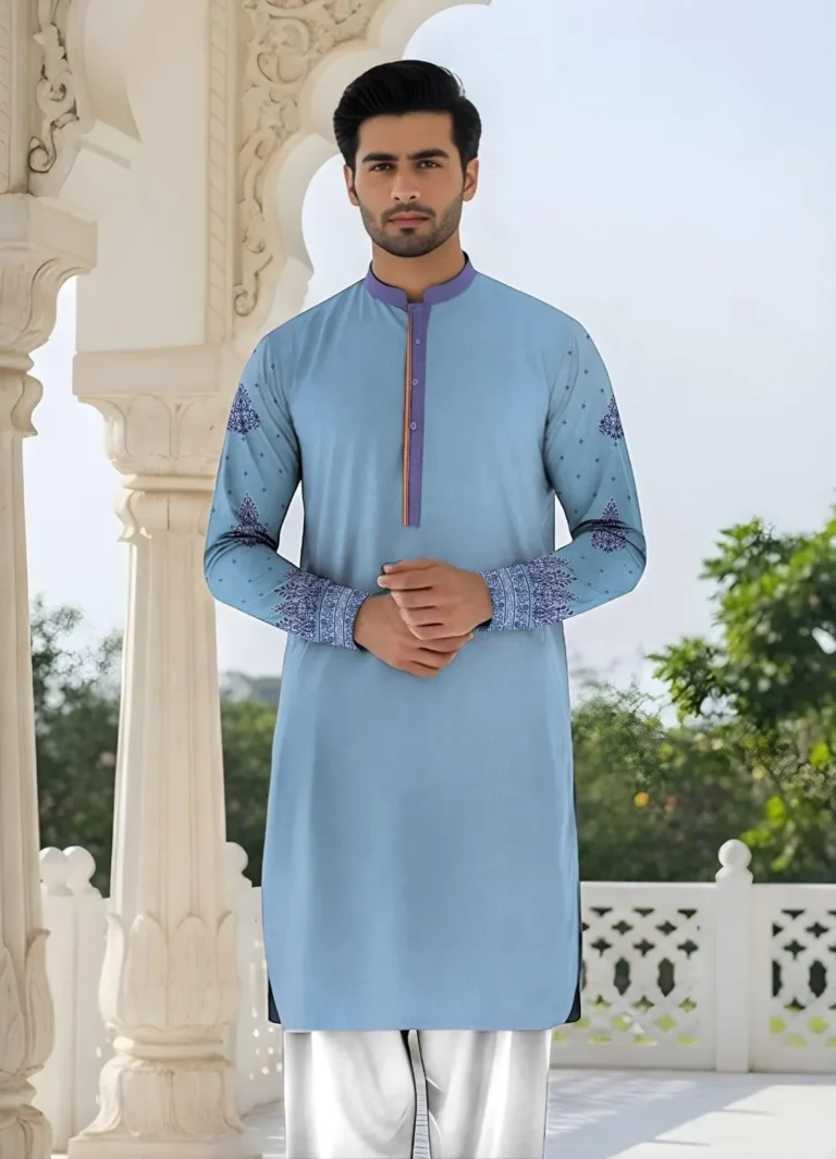Premium Cotton Blue Self-Print Embroidered Unstitched Suit for Men – Elegant All Season Eid & Wedding Wear in Pakistan