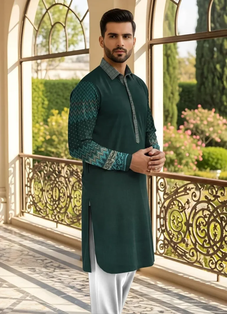 Premium Cotton Green Self-Print Unstitched Suit for Men – Elegant All Season Wedding & Formal Wear in Pakistan