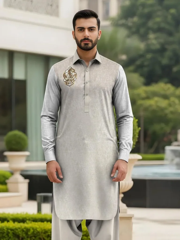 Premium Cotton Silver Embroidered Unstitched Suit for Men – Elegant Eid & Wedding Summer Wear in Pakistan