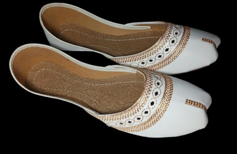 White Gold Embroidered Rexine Khussa for Women | Elegant Comfortable Wedding & Festive Wear Shoes in Pakistan