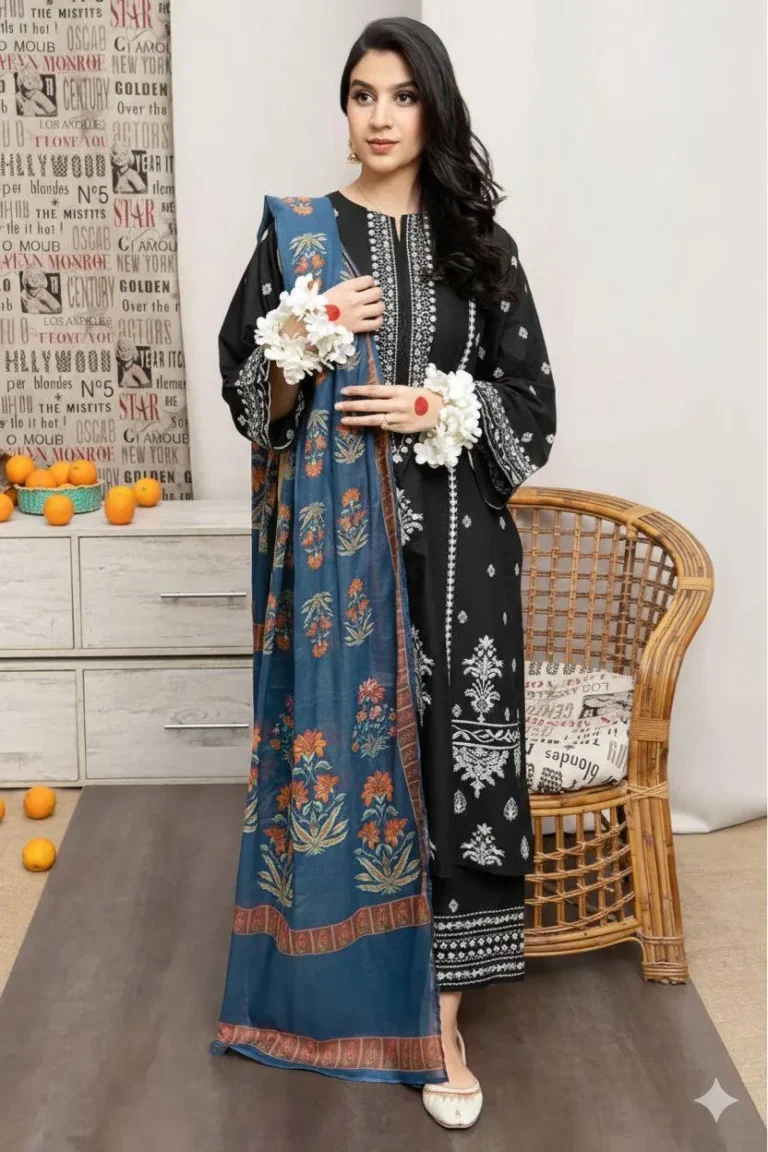 Black 3-Piece Embroidered Lawn Suit with Digital Print Diamond Dupatta | Women’s Summer 2026 Collection