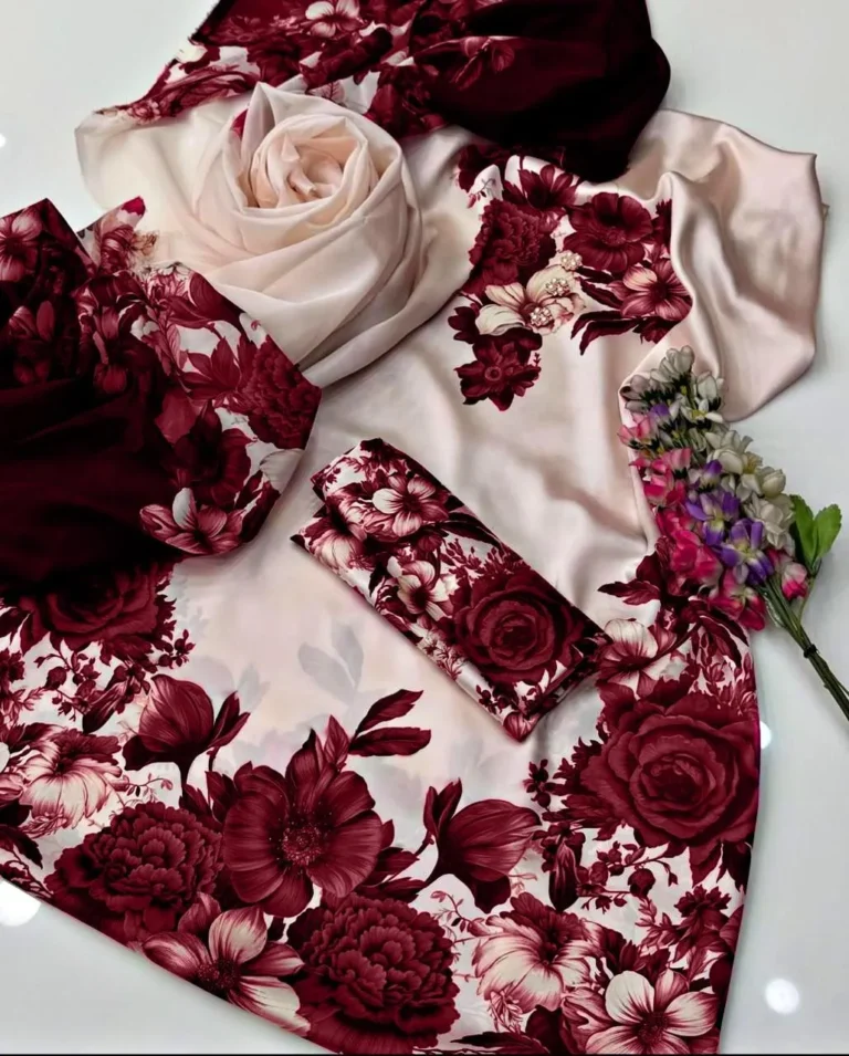 Premium Maroon Digital Printed Silk 3 Piece Unstitched Suit for Women – Elegant Summer & Festive Wear Collection