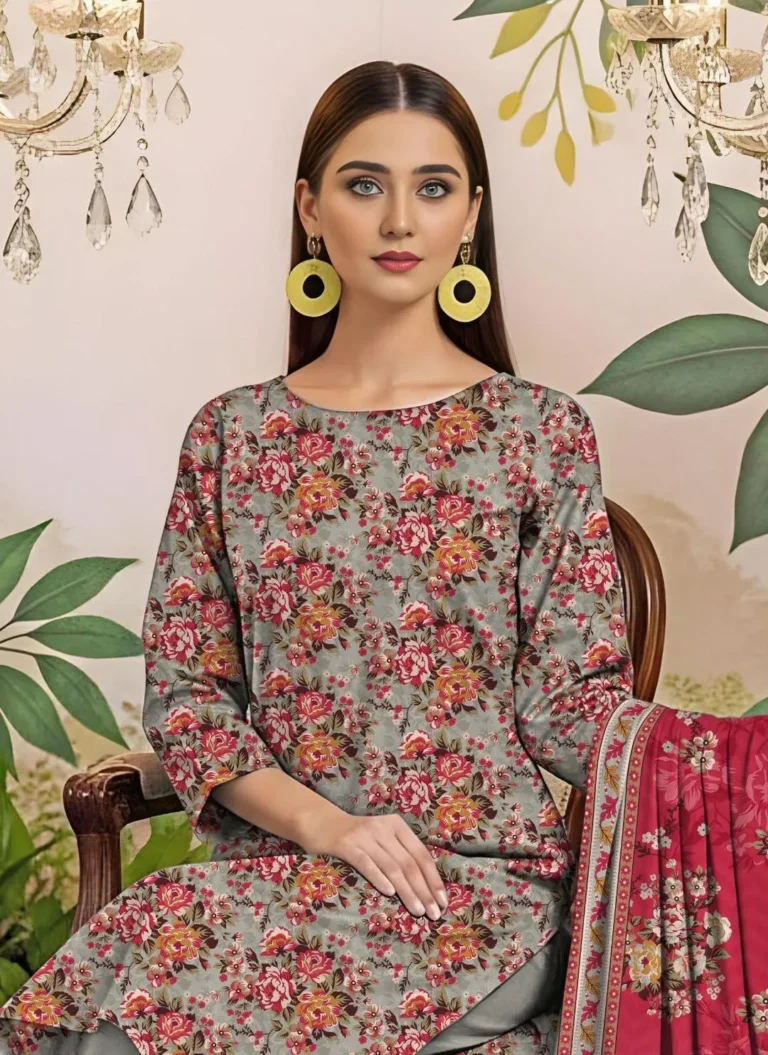 Orange Floral Printed Lawn 3 Piece Unstitched Suit with Dobby Lawn Dupatta – Eid Summer Collection 2026