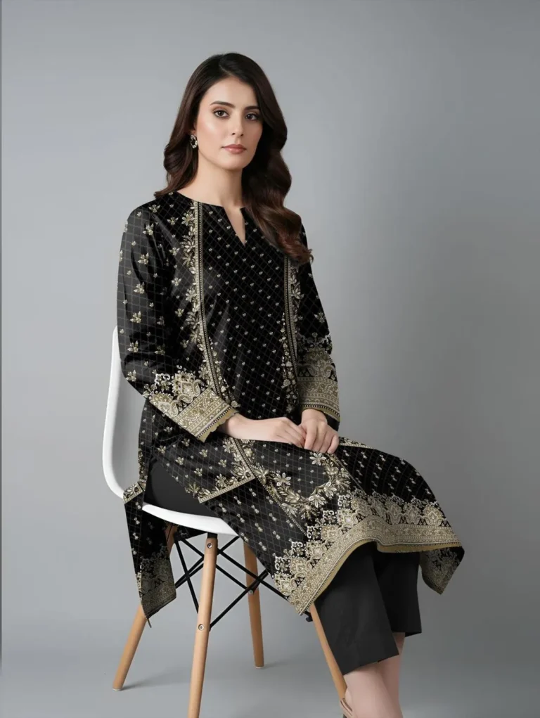 3 Piece Printed Black Dobby Lawn Suit with Plain Trouser – Elegant Unstitched Summer Dress