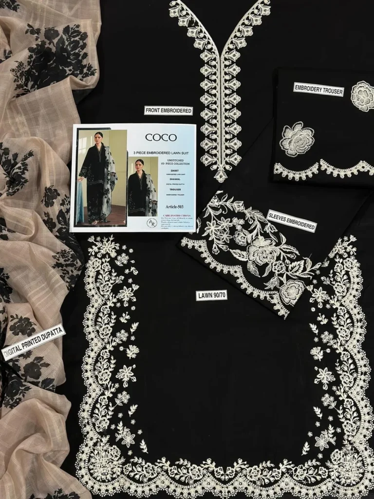 Elegant Black Embroidered Lawn 3 Piece Suit – Premium Lawn Shirt with Cotton Trouser and Digital Print Diamond Dupatta