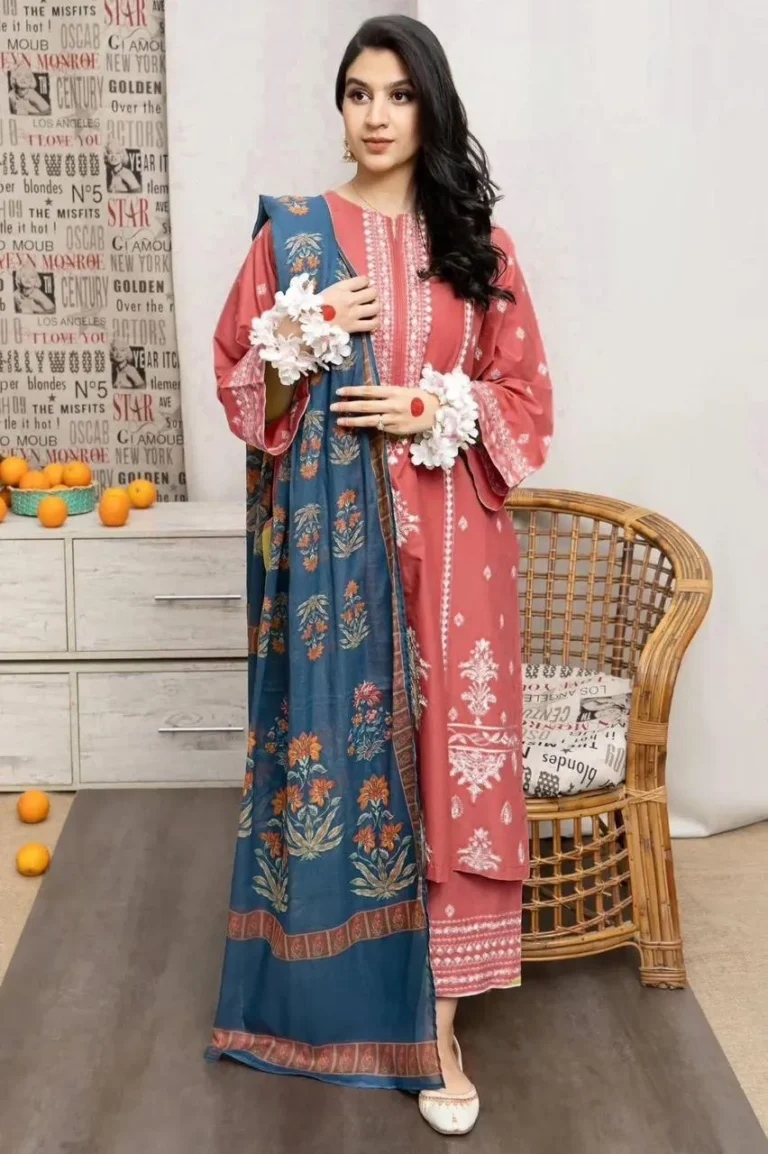 Peach 3-Piece Embroidered Lawn Suit with Printed Diamond Dupatta | Elegant Summer Collection 2026