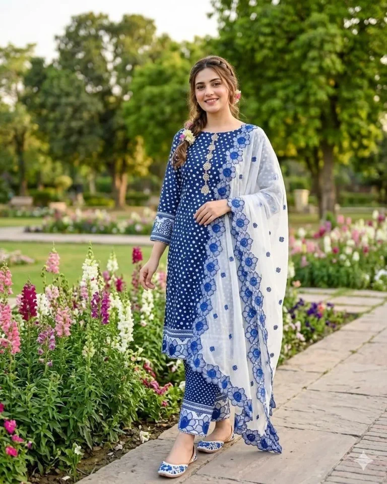 Blue 3-Piece Digital Print Lawn Suit with Embroidered Cotton Trouser & Cut Work Chiffon Dupatta | 2026 Summer Collection