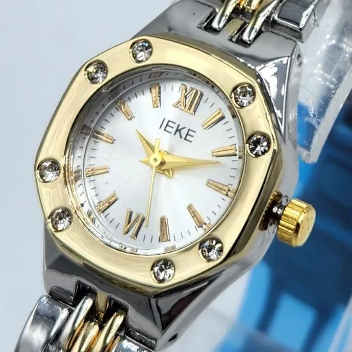 IEKE Women’s Octagonal Two-Tone Watch Pakistan 2026 – Crystal Bezel Gold & Silver Chain Watch